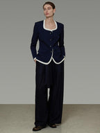 unspoken Durable Shape Loose Office Button Flap Pocket Women Navy Cropped Jackets