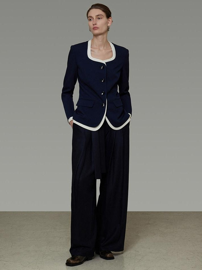 unspoken Durable Shape Loose Office Button Flap Pocket Women Navy Cropped Jackets