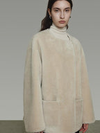 unspoken Warm Cream Collarless Minimalist Relaxed Fit Women Polyester Short Coat