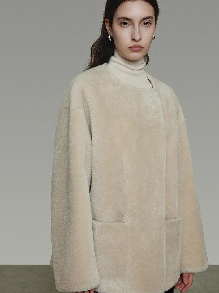 unspoken Warm Cream Collarless Minimalist Relaxed Fit Women Polyester Short Coat