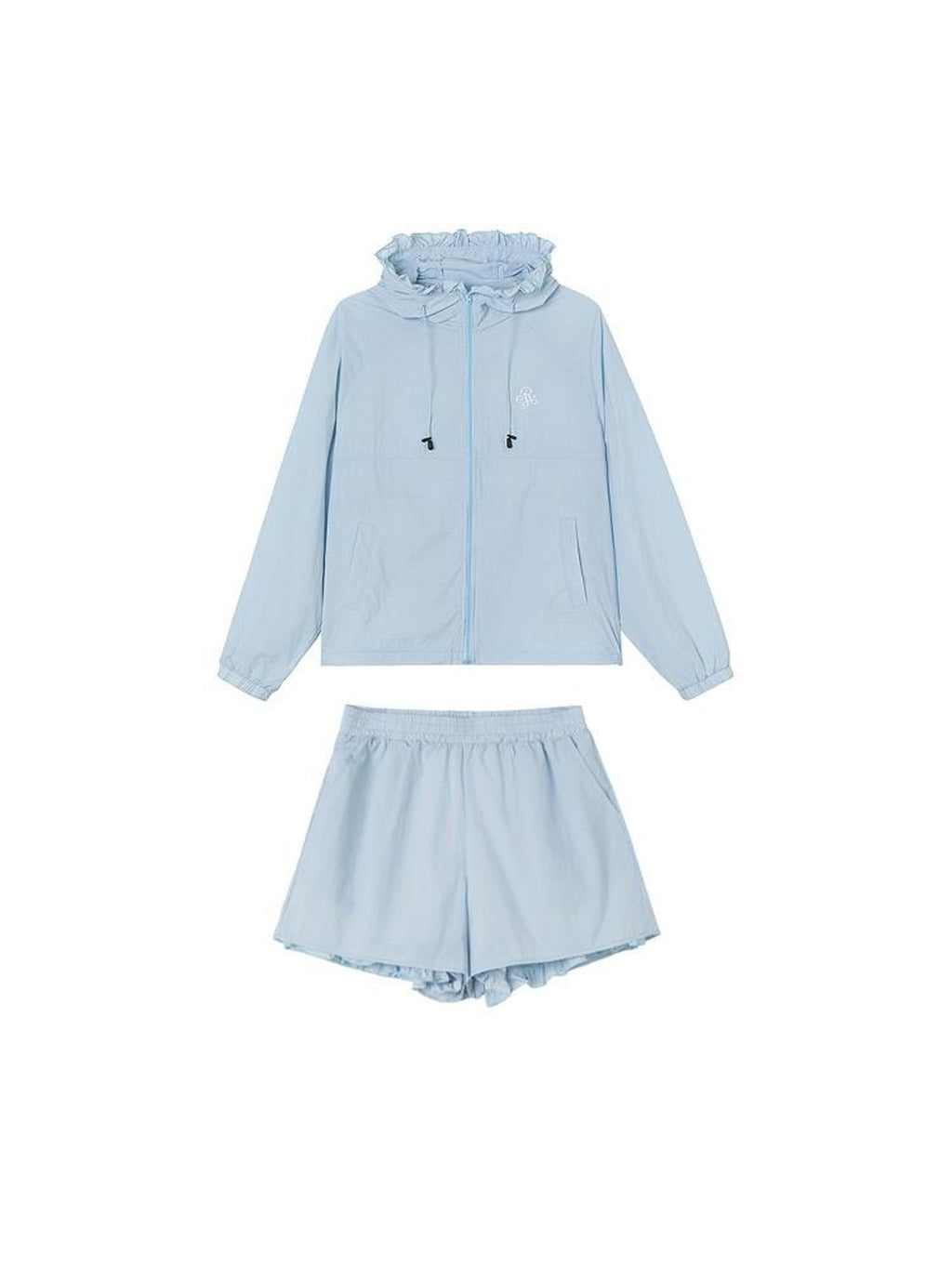 ikyou Upf50+ Breathable Nylon Ruffle Zip Commuter Relaxed Fit Women Top & Shorts Sets