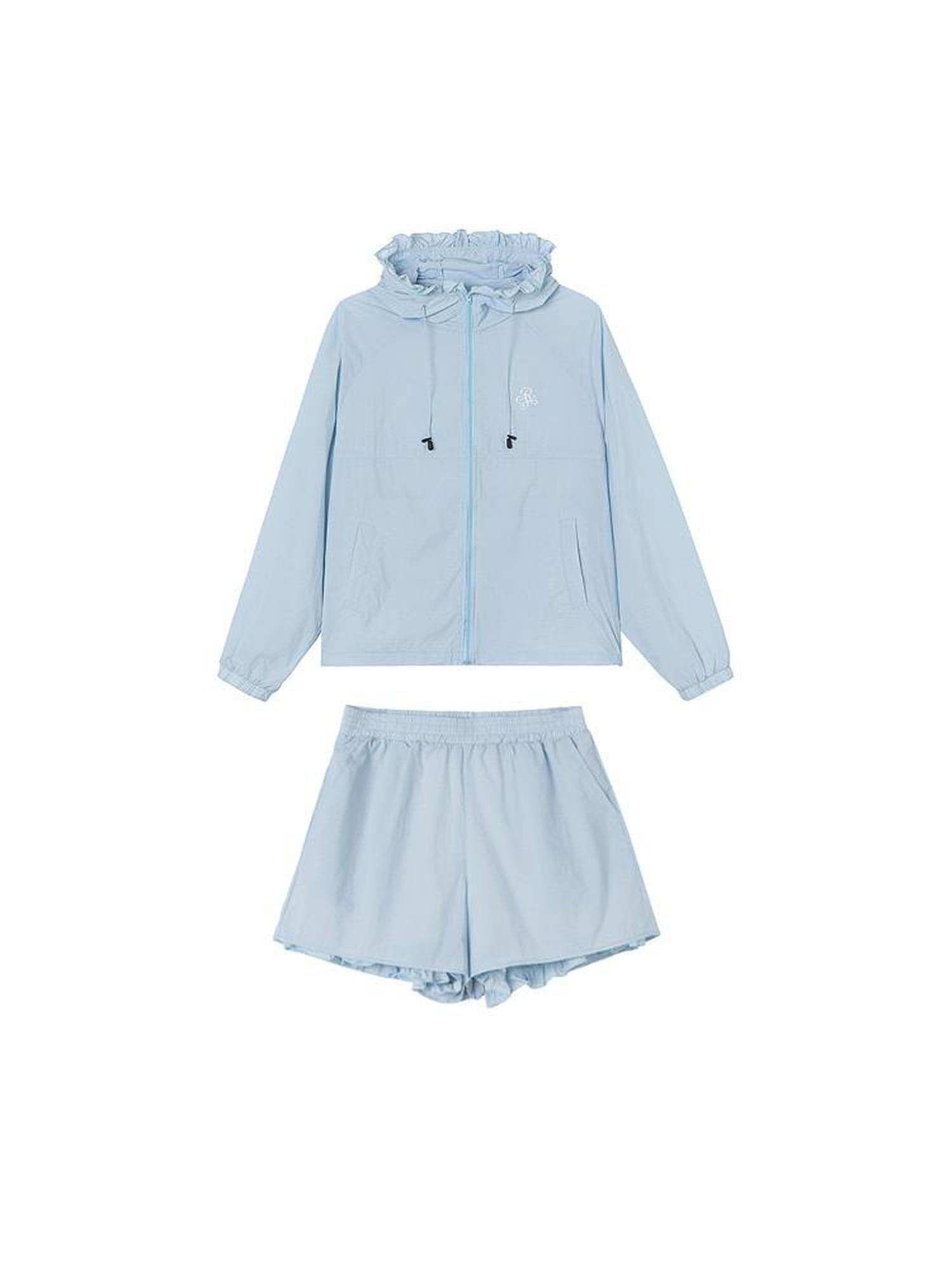 ikyou Upf50+ Breathable Nylon Ruffle Zip Commuter Relaxed Fit Women Top & Shorts Sets