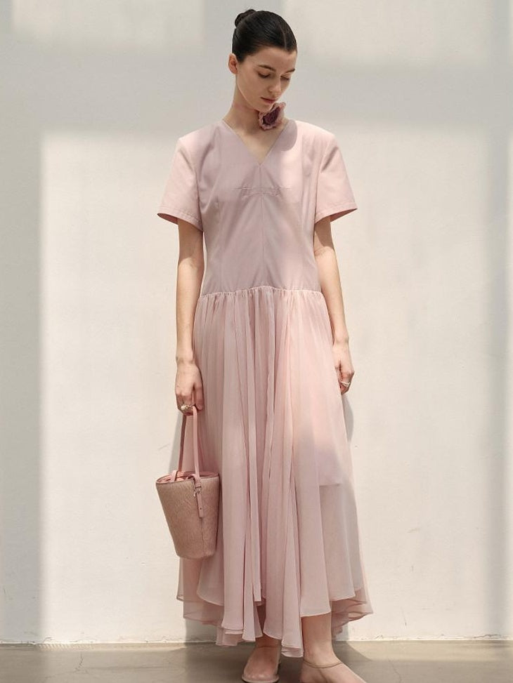 audreyyang Refined Solid V-neck Natural Waist Short Sleeve Casual Polyester Maxi Dresses