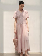 audreyyang Refined Solid V-neck Natural Waist Short Sleeve Casual Polyester Maxi Dresses