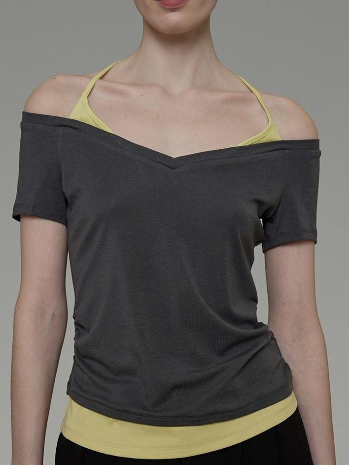 unspoken Moisture Wicking Lyocell Slim V-neck Patchwork Grey Green Halter Crop Tops