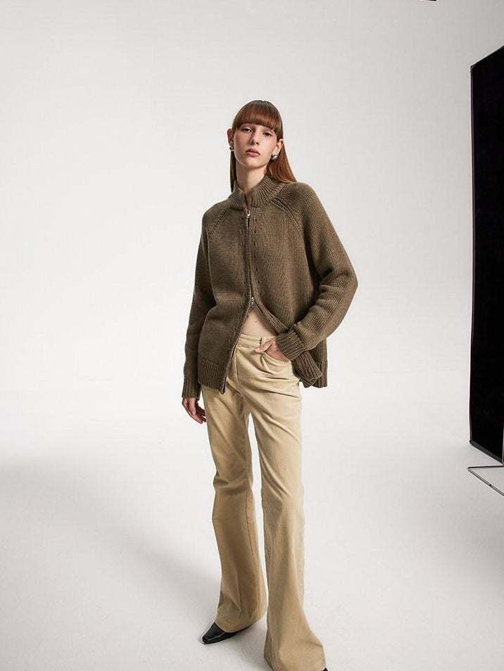 someone sometimes Acrylic Wool Blend Stand Collar Open Front Commuter Knit Brown Cardigans