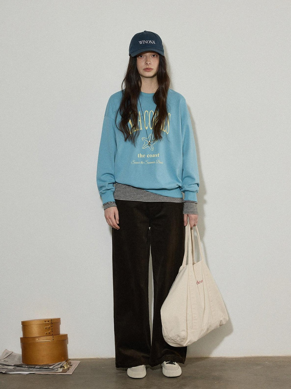 Lofi choose Cotton Blend Relaxed Crewneck Women Office Letter Print Blue Grey Sweatshirt
