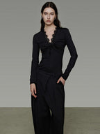 unspoken Breathable Lyocell Lace Slim Fit V-neck Long Sleeve Women Black Blouses