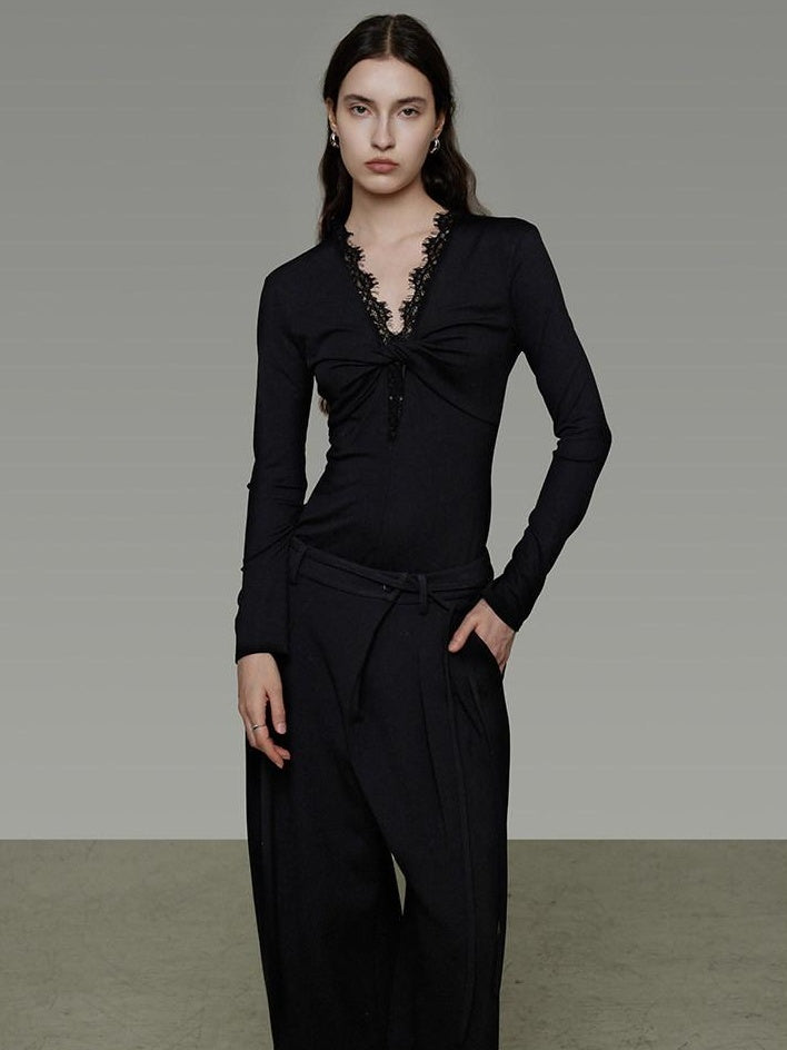 unspoken Breathable Lyocell Lace Slim Fit V-neck Long Sleeve Women Black Blouses