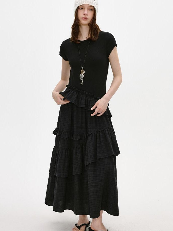 fano Breathable Viscose A Line Plaid Short Sleeve Korean Commuter Casual Maxi Dresses