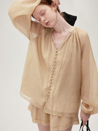 fano Soft Tencel V-neck Long Sleeve Pullover Casual Two Piece Women Blouses