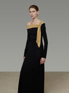 Breathable Lyocell Knit Slim A Line Waist Cinch V-neck Black Ladies Maxi Dresses