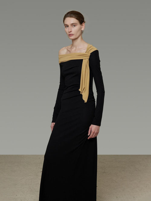 unspoken Breathable Lyocell Knit Slim A Line Waist Cinch V-neck Black Ladies Maxi Dresses