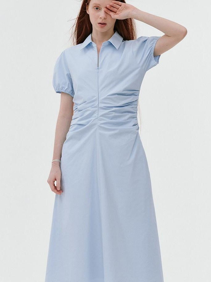 fano 100% Cotton Puff Sleeve A Line Natural Waist Solid Blue Zipper Maxi Dresses