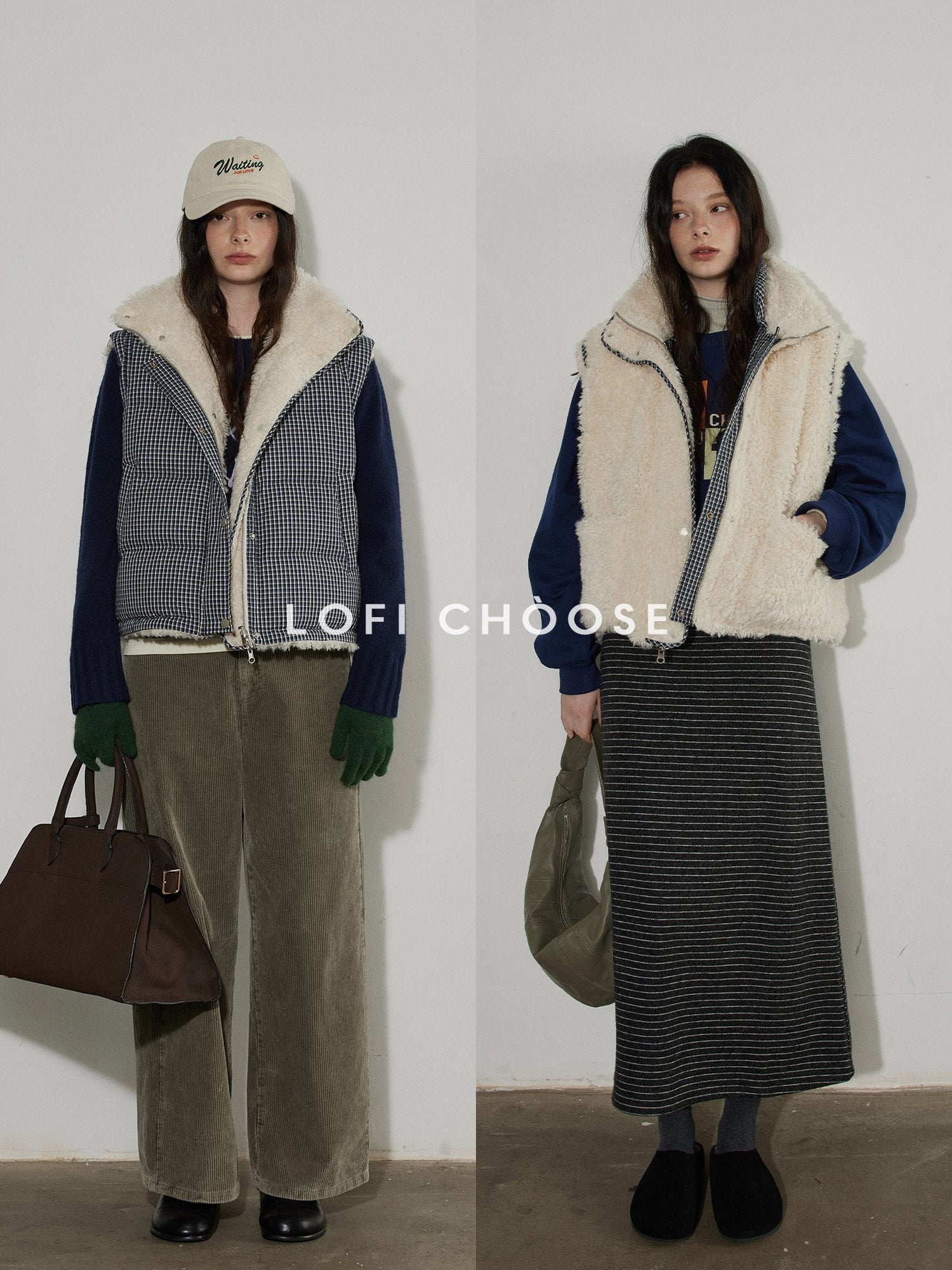 Lofi choose Warm Thick White Duck Down Loose Commuter Lapel Collar Zipper Blue Vests