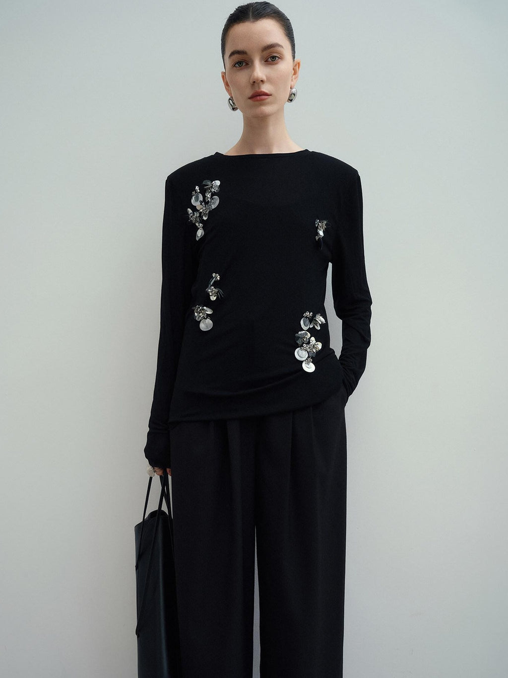 audreyyang Slim Minimal Office Crew Neck Long Sleeve Acetate Blend Black Cropped Jackets