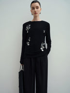 audreyyang Slim Minimal Office Crew Neck Long Sleeve Acetate Blend Black Cropped Jackets