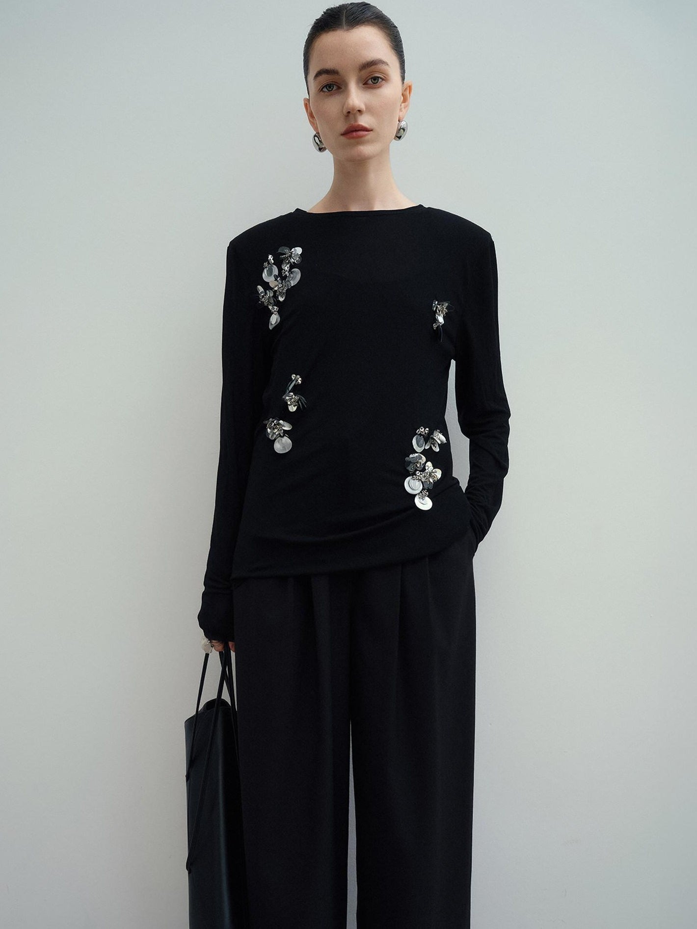audreyyang Slim Minimal Office Crew Neck Long Sleeve Acetate Blend Black Cropped Jackets