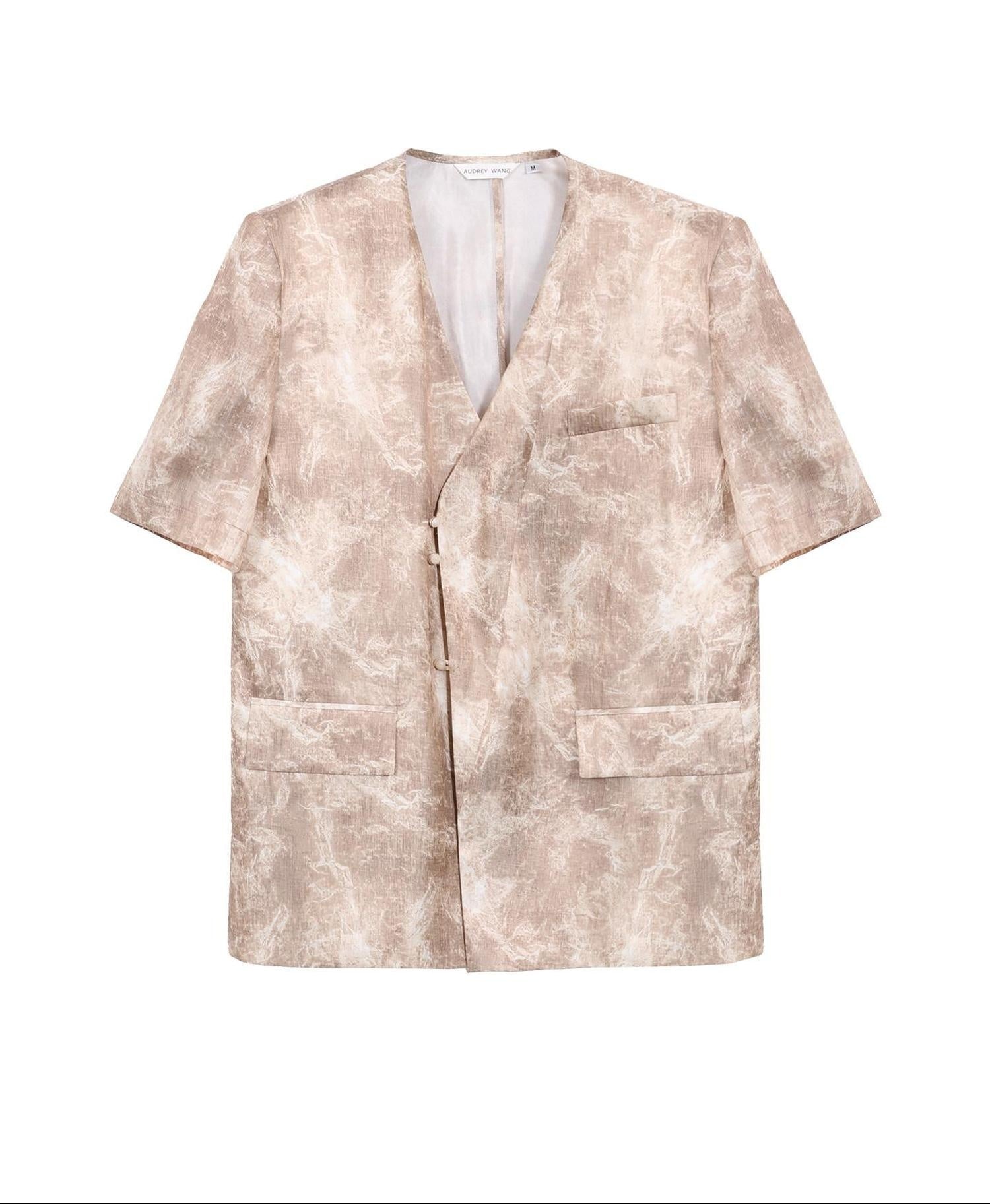 audreyyang Wrinkle Resistant Milk Tea Print Collarless Short Sleeve Loose Fit Blazers