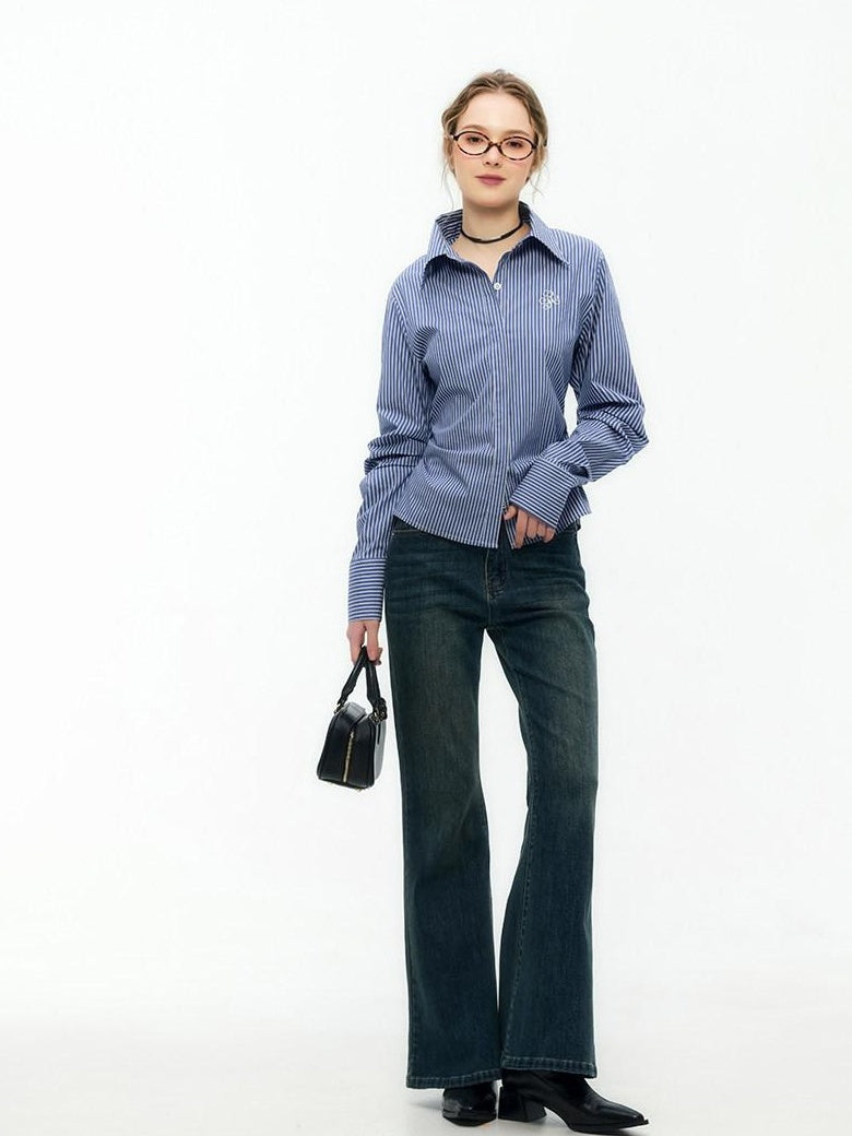 ikyou Embroidered Striped Slim Fit Commuter Long Sleeve Collared Cotton Shirts