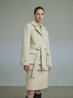 unspoken Porcelain White Wool Blend Minimal Office Single Breasted Notch Top & Skirt Sets