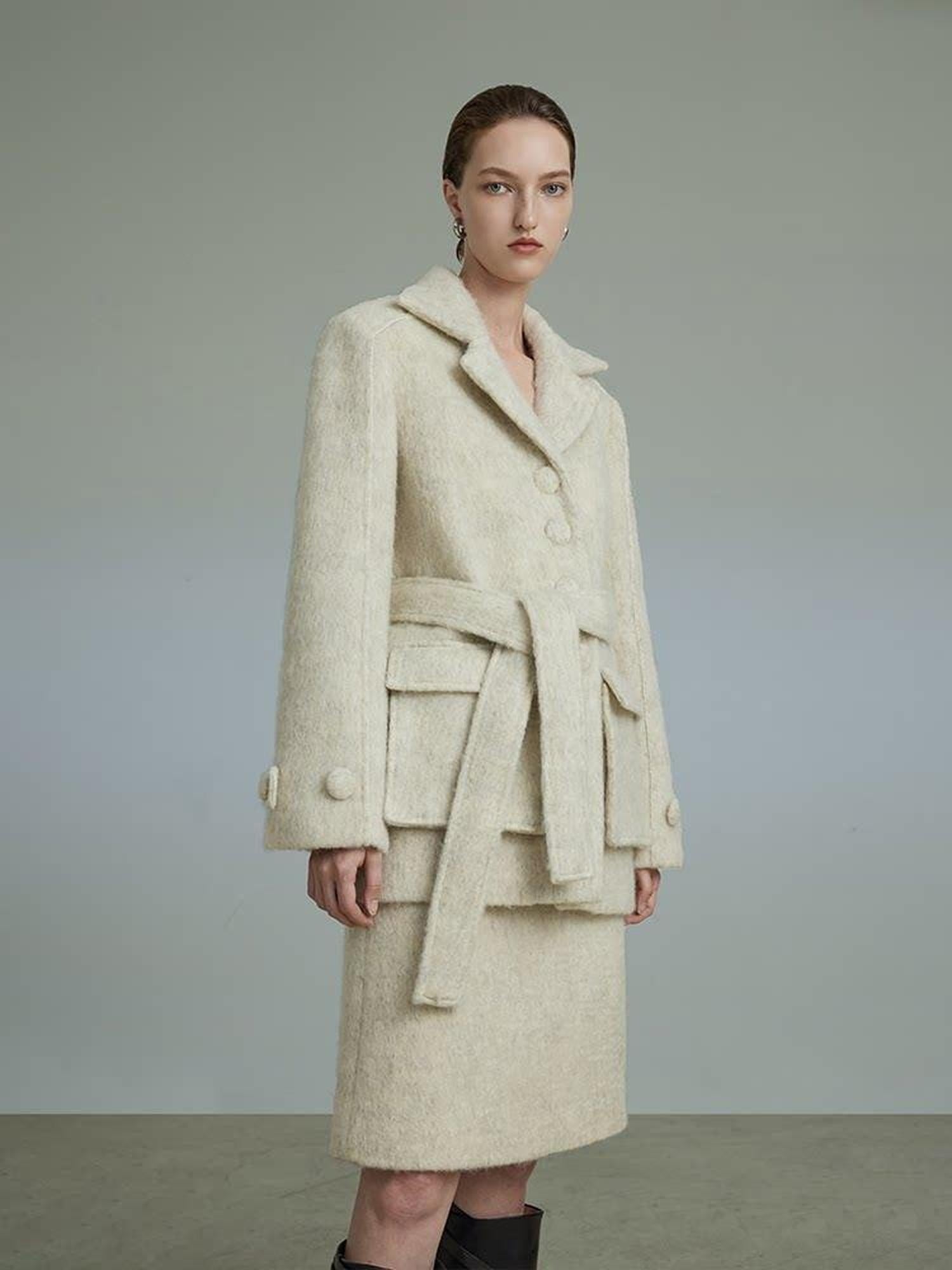 unspoken Porcelain White Wool Blend Minimal Office Single Breasted Notch Top & Skirt Sets