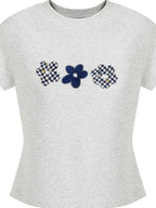 fano Slim Cotton Floral Office Chic Women Round Neck Long Sleeve Crop Tops