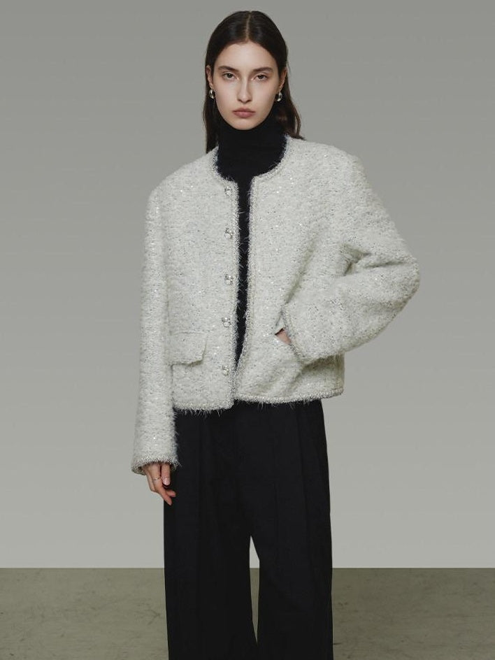 unspoken Lambswool Minimal Commuter Loose Single Button Round Neck Women Cropped Jackets