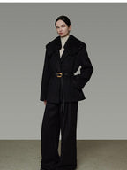 unspoken Fur Collar Thick Mid Length Loose Fit Minimalist Commuter Black Wool Long Coats