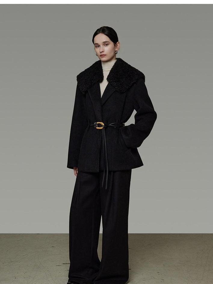 unspoken Fur Collar Thick Mid Length Loose Fit Minimalist Commuter Black Wool Long Coats