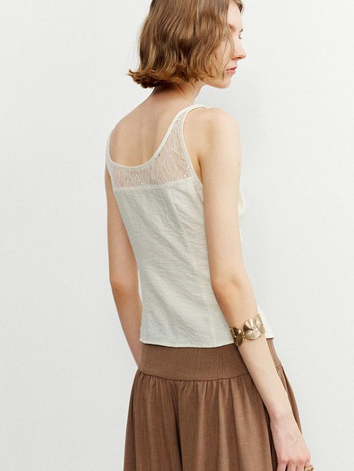 someone sometimes Ruffled Lettuce Edge Slim Fit Original Design Viscose Blend Cream Tank Tops