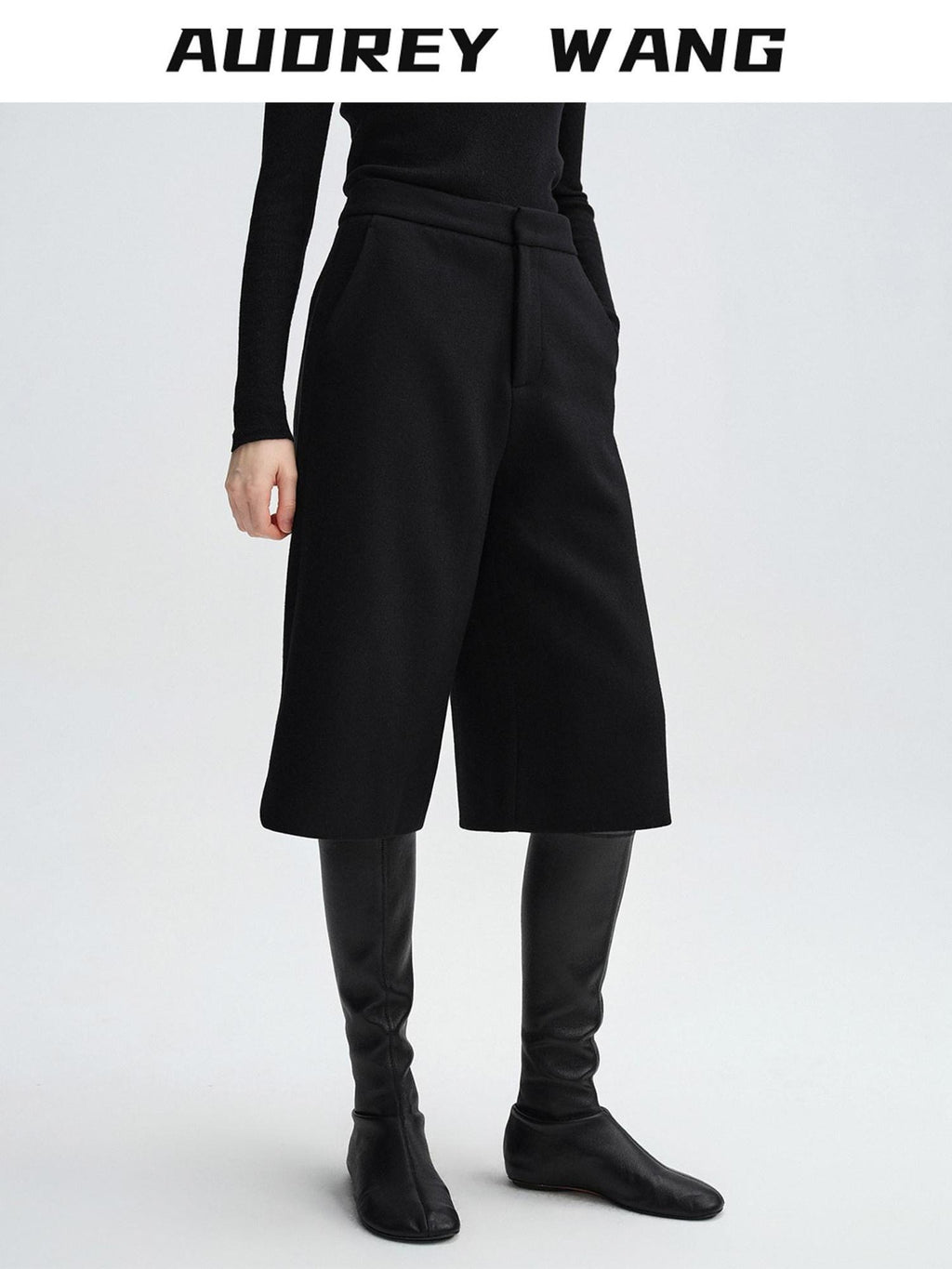 audreyyang Wool Blend Minimalist Wide Leg Natural Waist Womens Workwear Mid-Length Shorts