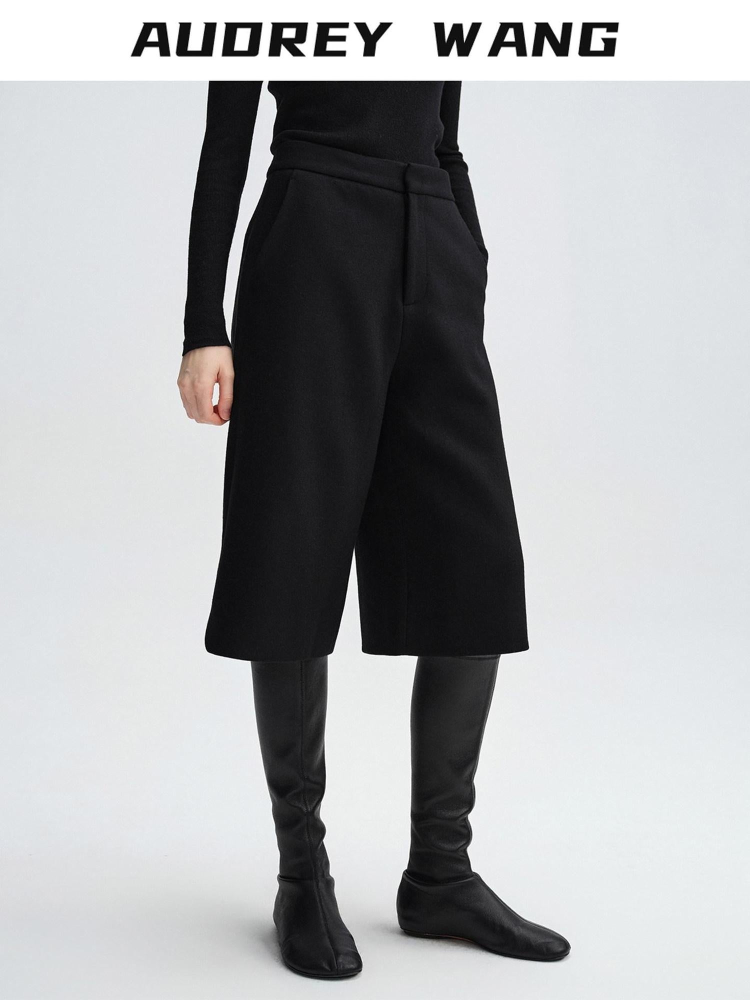 audreyyang Wool Blend Minimalist Wide Leg Natural Waist Womens Workwear Mid-Length Shorts
