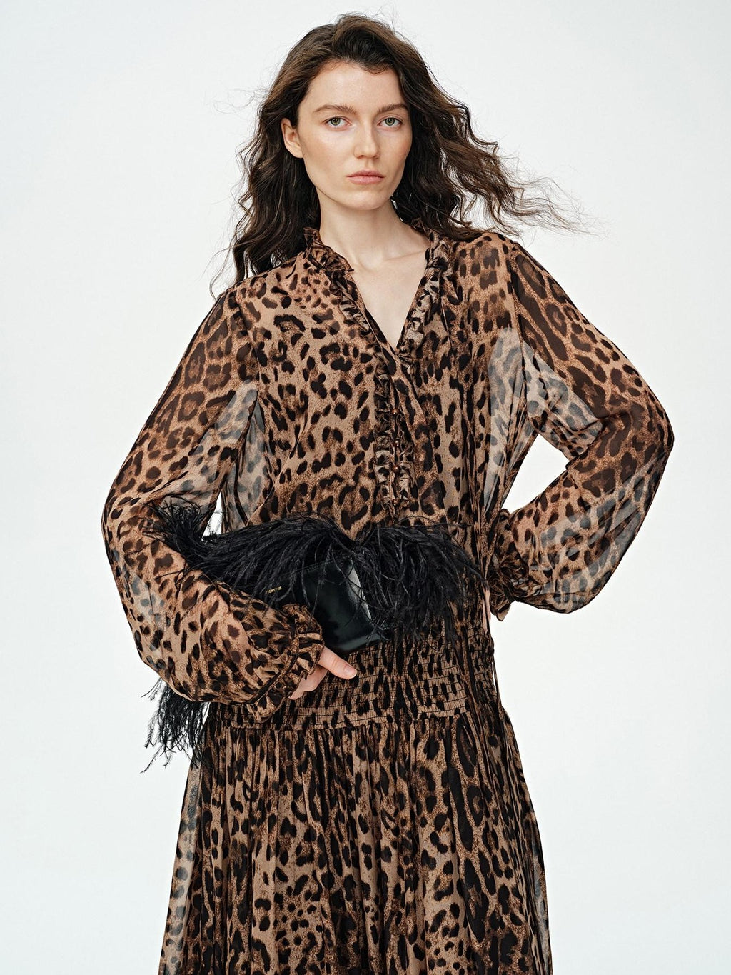audreyyang Silk Blend Leopard Print A Line Fitted Waist Long Sleeve Vacation Maxi Dresses