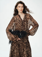 audreyyang Silk Blend Leopard Print A Line Fitted Waist Long Sleeve Vacation Maxi Dresses