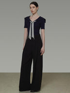 unspoken Soft Viscose Knit Slim Fit Colorblock Tie Women Office Short Sleeve T-Shirts