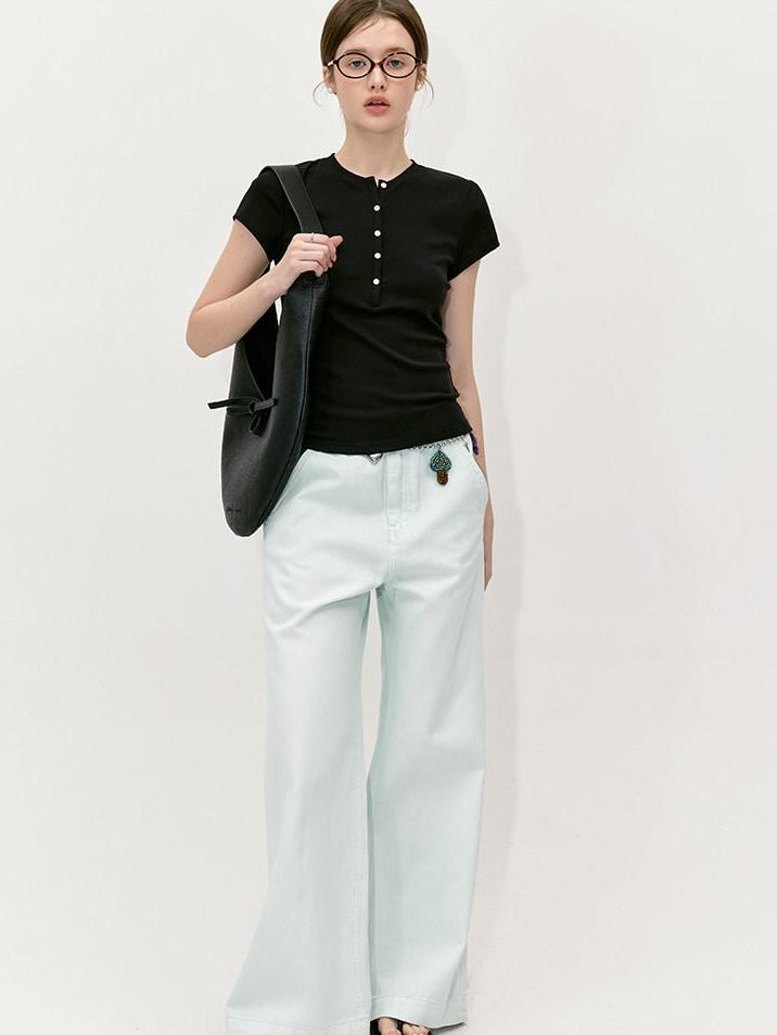 fano Black Slim Fit Half Collar Button Commuter Women Lyocell Short Sleeve T-Shirts