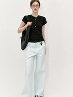 fano Black Slim Fit Half Collar Button Commuter Women Lyocell Short Sleeve T-Shirts