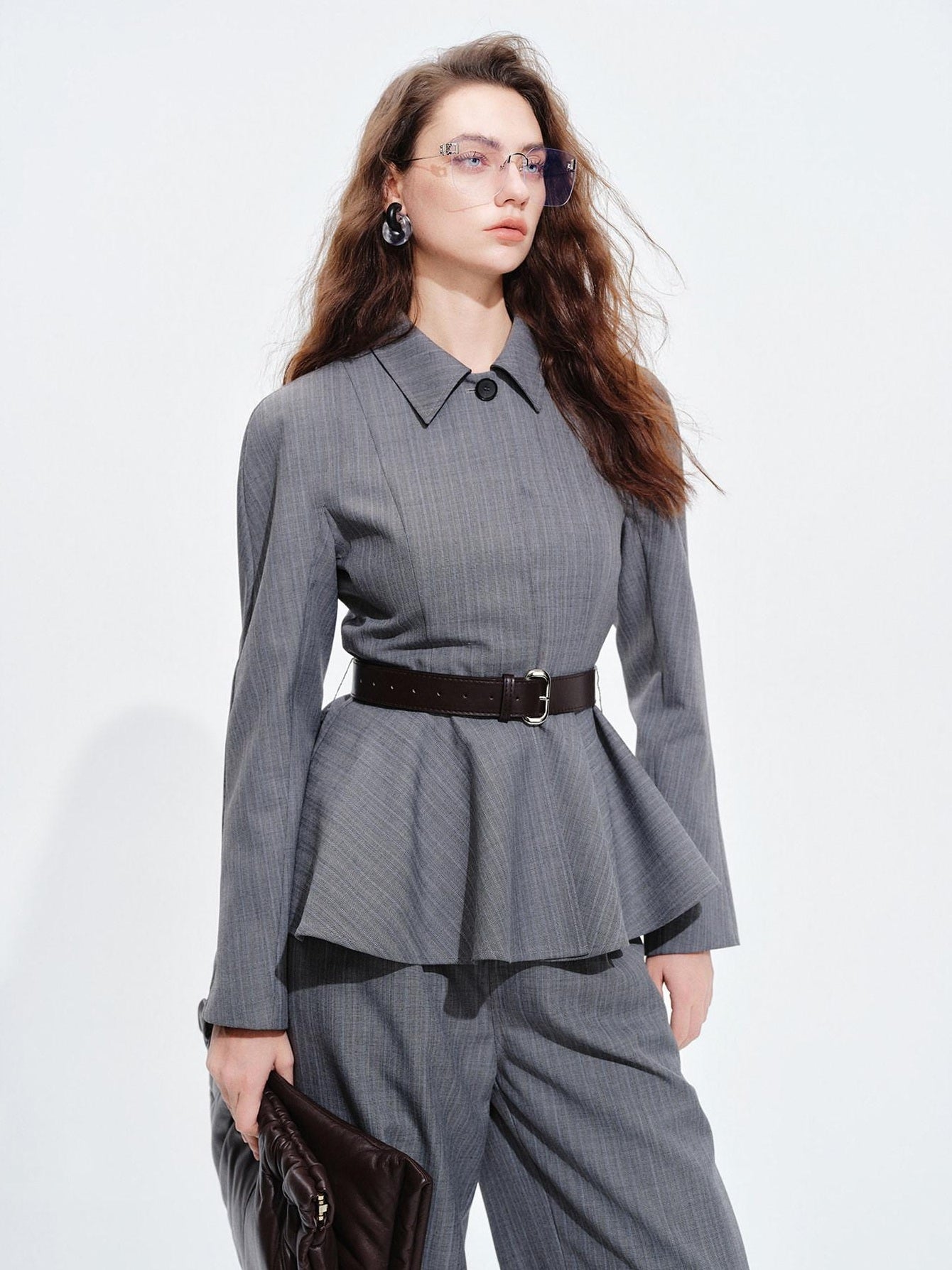 audreyyang Shape Retaining Cinched Waist Herringbone Lapel Women Wool Blend Cropped Jackets