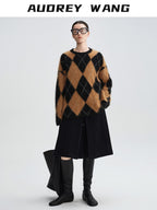 audreyyang Thick Wool Cashmere Vintage Straight Fit Brown Diamond Knit Women Sweaters