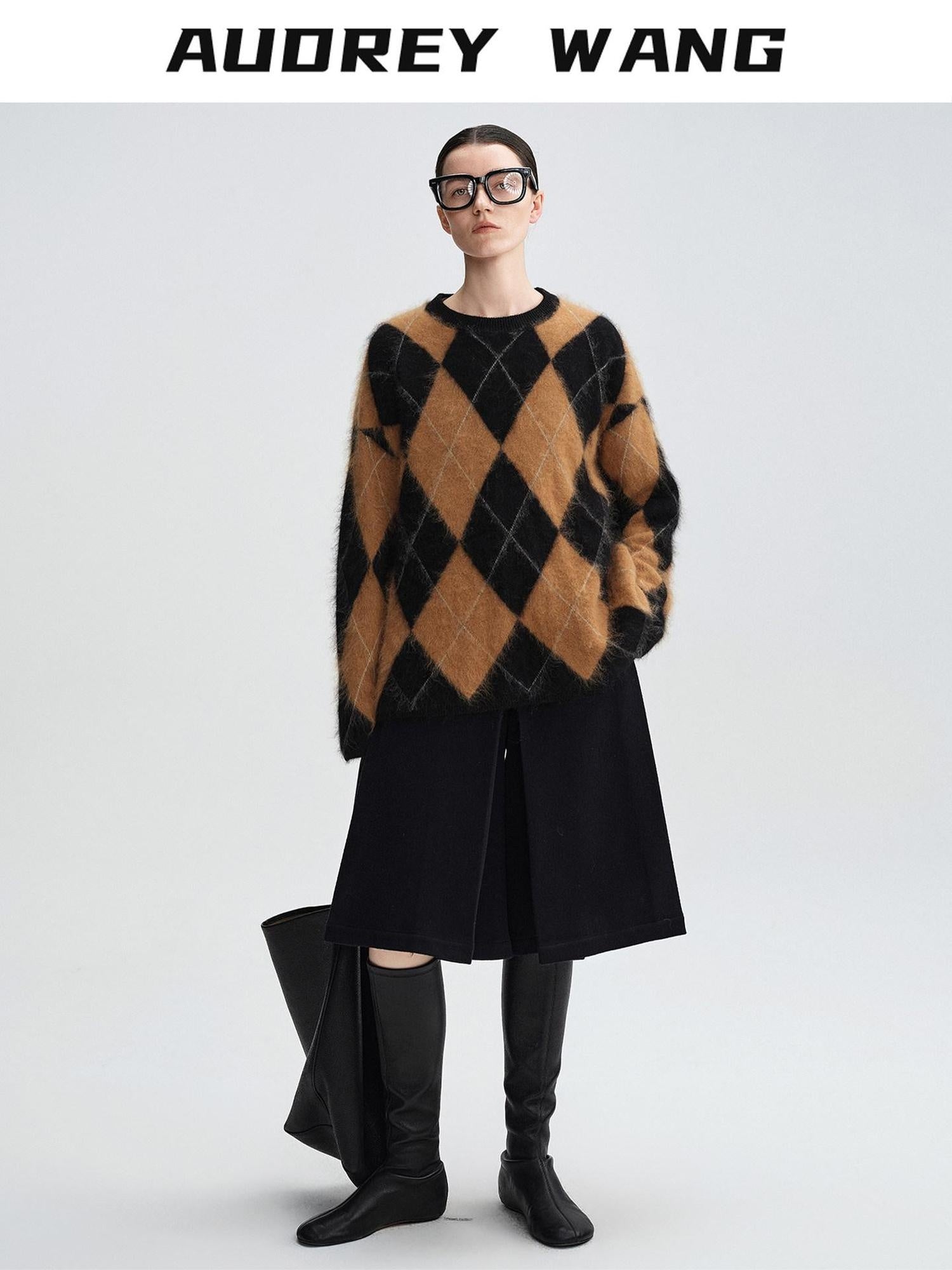 audreyyang Thick Wool Cashmere Vintage Straight Fit Brown Diamond Knit Women Sweaters