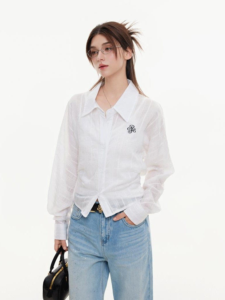 ikyou Breathable Lyocell Embroidered Slim Lapel Cardigan Short Work Women Shirts