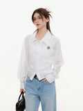 ikyou Breathable Lyocell Embroidered Slim Lapel Cardigan Short Work Women Shirts