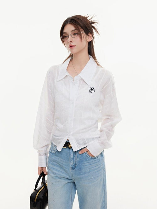 ikyou Breathable Lyocell Embroidered Slim Lapel Cardigan Short Work Women Shirts