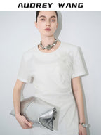 audreyyang Embroidered Slim Fit Office White Crew Neck Women Polyester Short Sleeve T-Shirts
