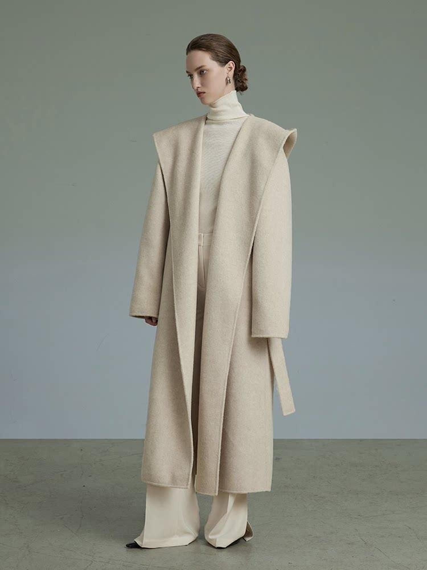 unspoken Warm Wool Alpaca Blend Hooded Straight Long Minimal Commuter Oatmeal Wool Coats