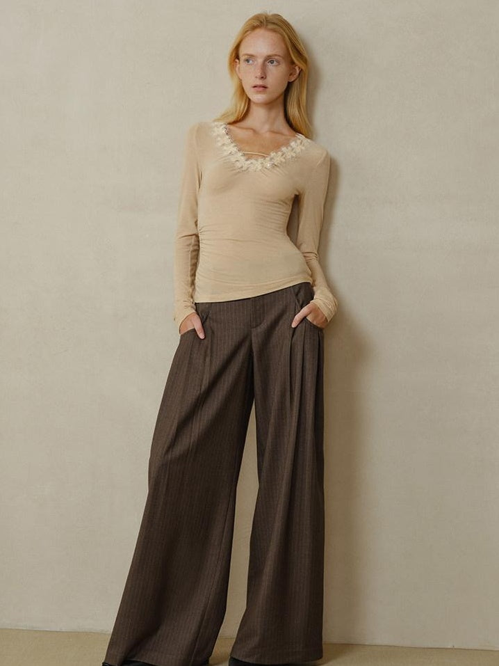 someonesometimes Shape Retaining Pleated Natural Waist Brown Striped Poly Stretch Wide Leg Pants