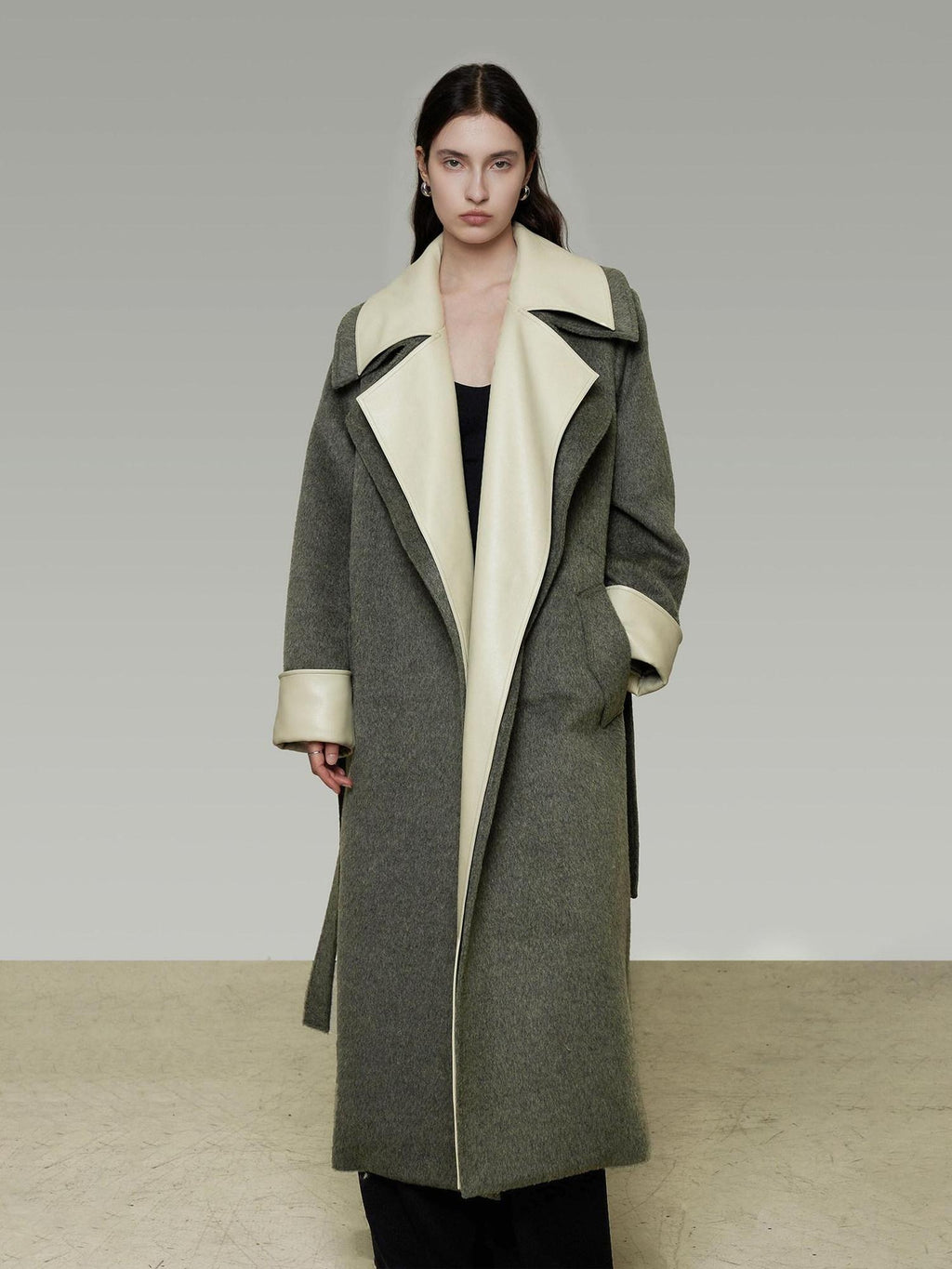 unspoken Minimal Commuter Oversized Long Notch Collar Olive Green Wool Blend Wool Coats