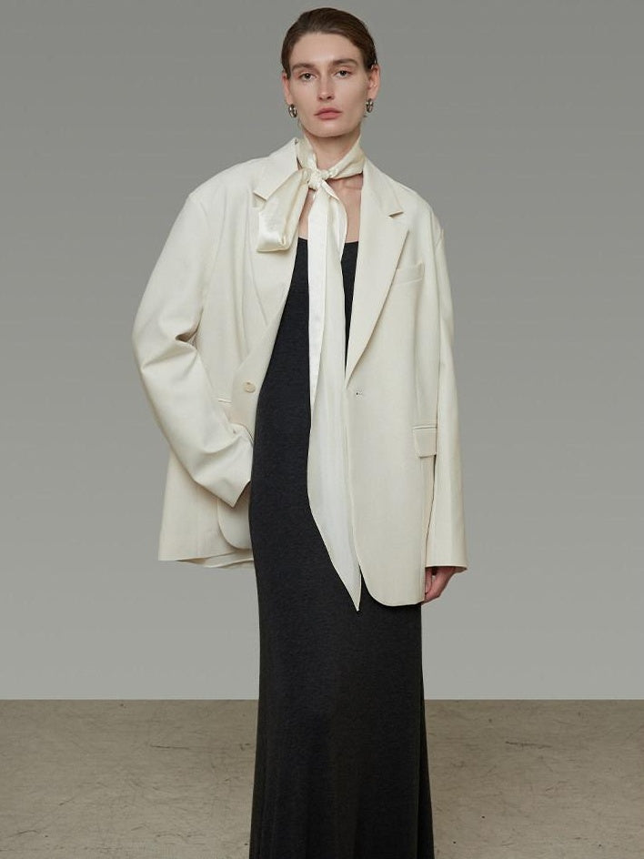 unspoken Warm Minimalist Oversized Ribbon Tie Lapel Long Sleeve Women Blazers