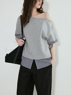 fano Cotton Blend Loose Korean Women Half Sleeve Bardot Off Shoulder Crop Tops